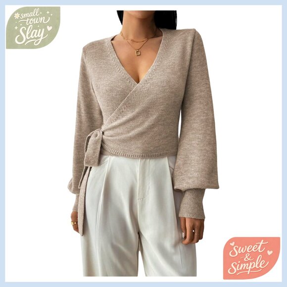 V-Neck Wrap Sweater Pullover Long Sleeve Slim Fit Knit Crop Top